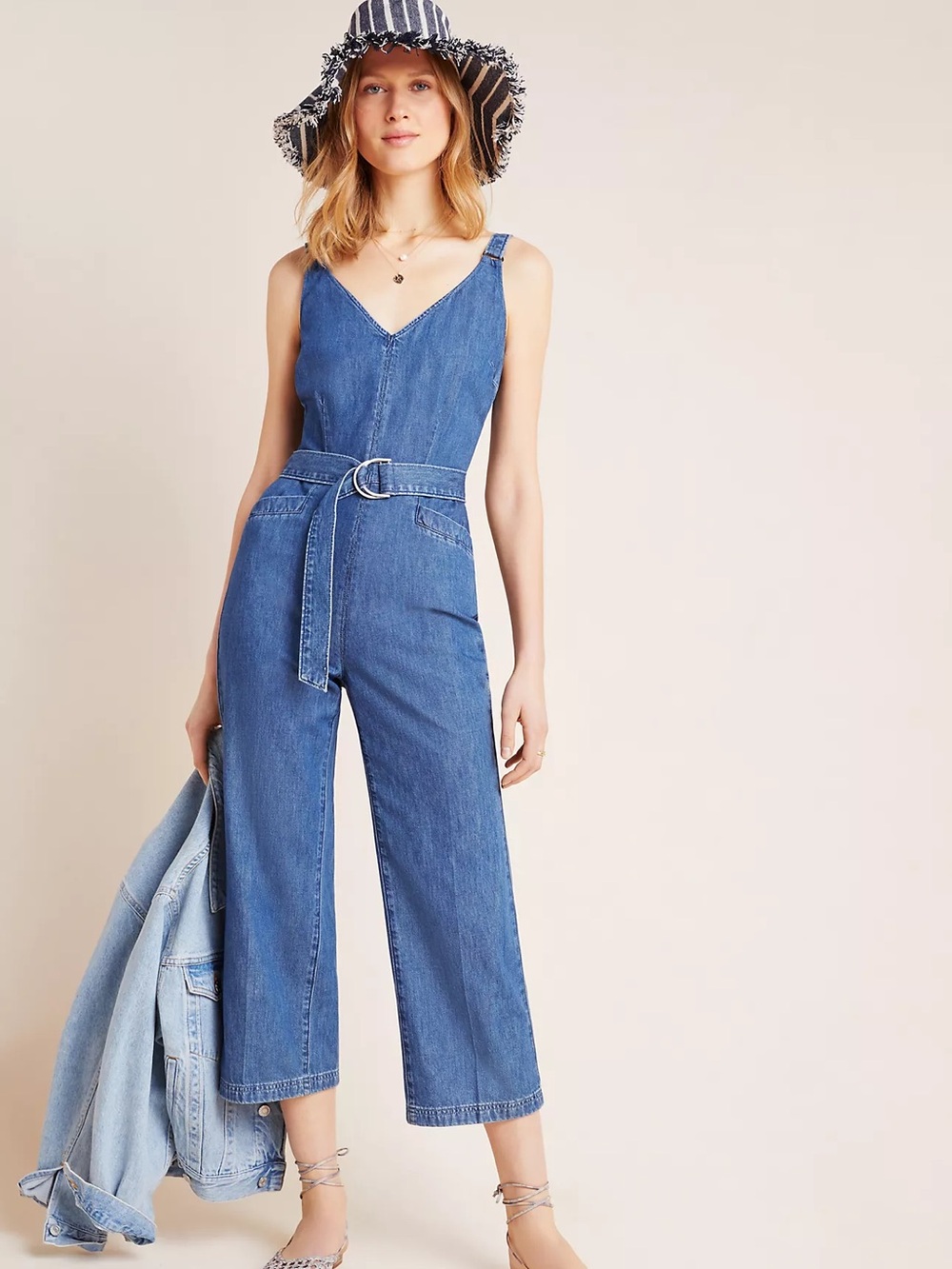 PAIGE Aiden Denim Jumpsuit Blue Wide Leg Cropped Adjustable Straps S No Belt